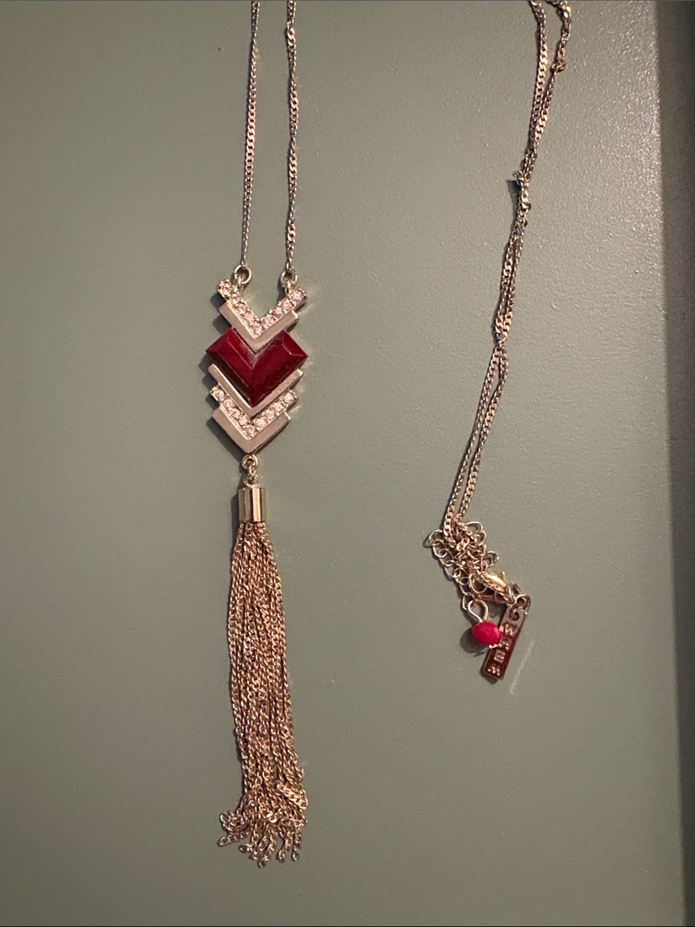 WHBM Long Gold Tassel Pendant Necklace with Red Chevron Accent